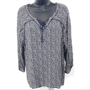 Lucky Brand x John Robshaw Navy & White Boho Print Blouse – Size XL Officewear